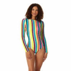 Anne Cole Women's Long Sleeve Open Back One Piece Rash Guard Striped Swimsuit